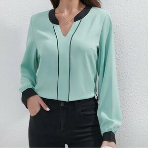 Mint Green Blouse with Black Trim